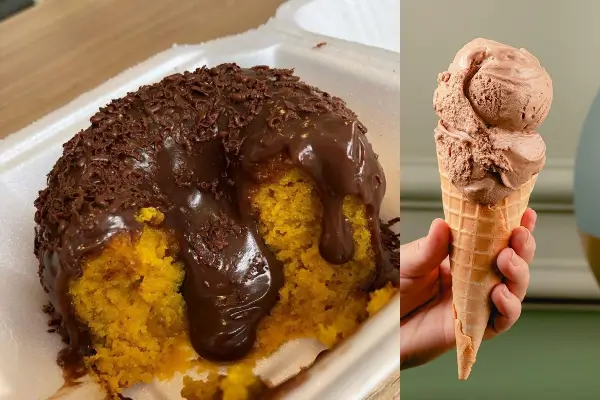 mini bolo vulcão de cenoura com cobertura de chocolate. E outra foto ao lado de um mão segurando uma casquinha com duas bolas de gelato. Fazem parte do Curso Gelato de Sucesso