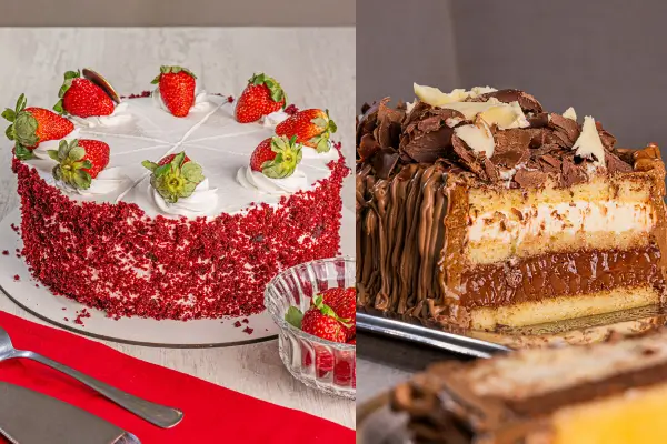 bolo de vitrine de red velvet com morangos em cima e bolo de vitrine quadrado dois amores